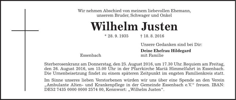 Traueranzeige Wilhelm Justen