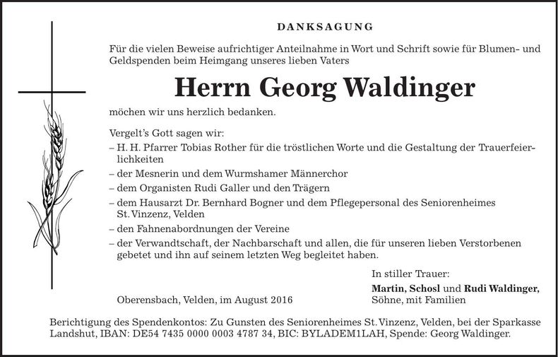 Traueranzeige Georg Waldinger
