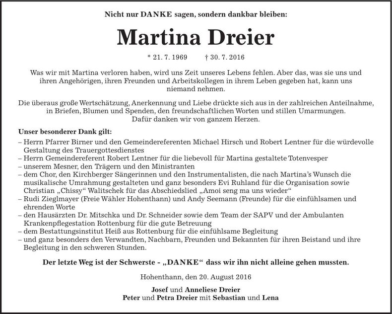 Traueranzeige Martina Dreier