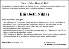 Traueranzeige Elisabeth Niklas