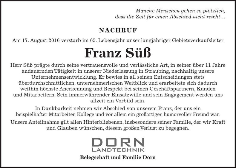 Traueranzeige Franz Süß