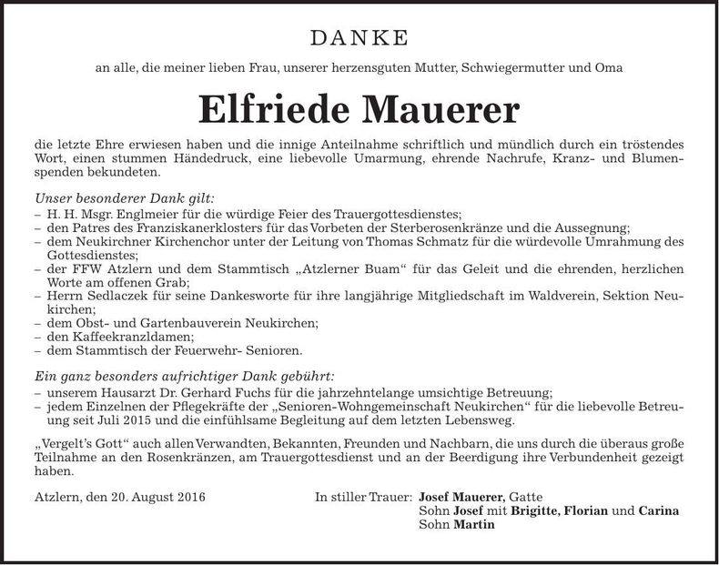 Traueranzeige Elfriede Mauerer