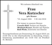 Traueranzeige Vera Kutzscher