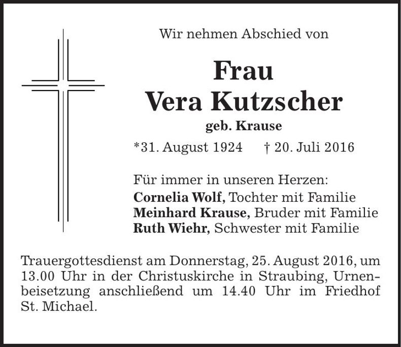 Traueranzeige Vera Kutzscher