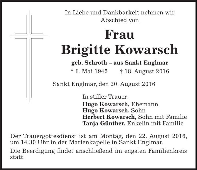 Traueranzeige Brigitte Kowarsch