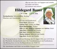 Traueranzeige Hildegard Bauer