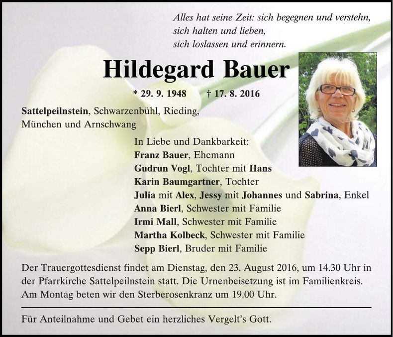 Traueranzeige Hildegard Bauer