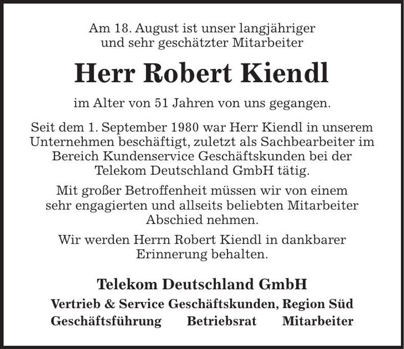 Traueranzeige Robert Kiendl