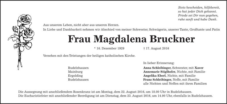 Traueranzeige Magdalena Bruckner