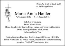 Traueranzeige Anita Haider