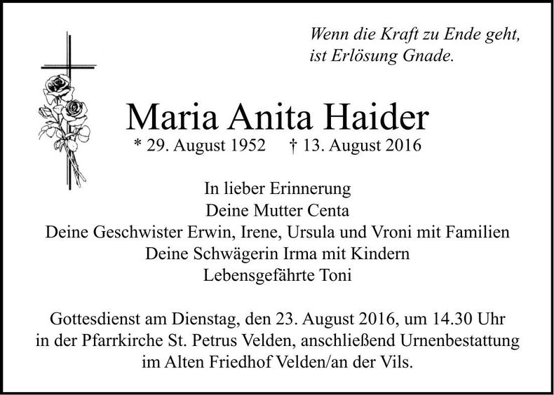 Traueranzeige Anita Haider