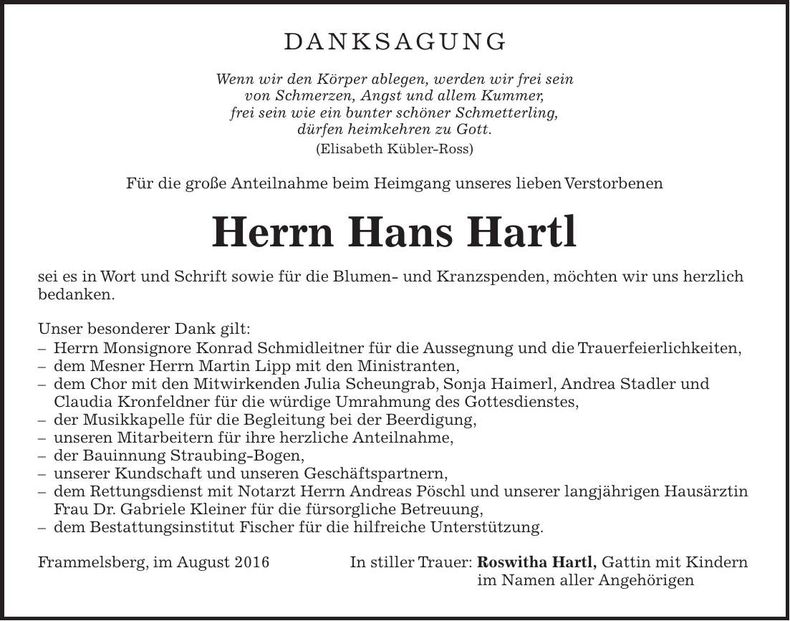 Traueranzeige Hans Hartl