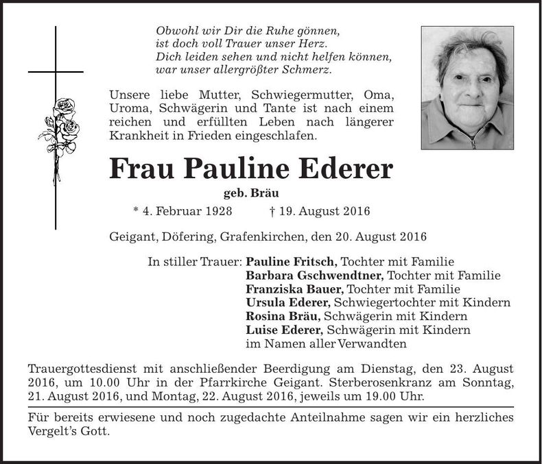 Traueranzeige Pauline Ederer