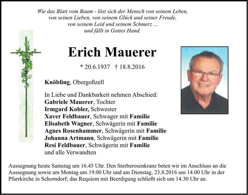 Traueranzeige Erich Mauerer