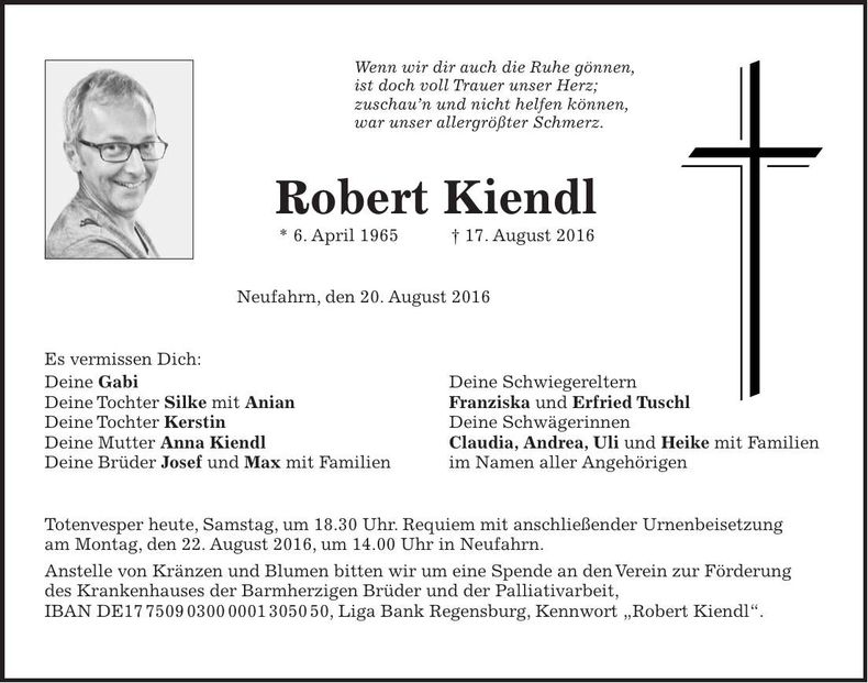 Traueranzeige Robert Kiendl