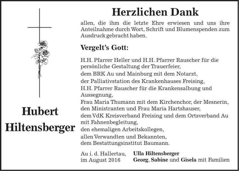 Traueranzeige Hubert Hiltensberger