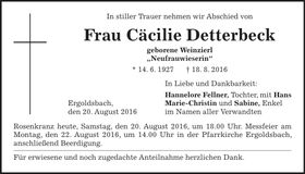Traueranzeige Cäcilie Detterbeck