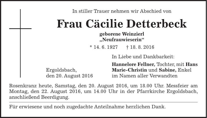 Traueranzeige Cäcilie Detterbeck