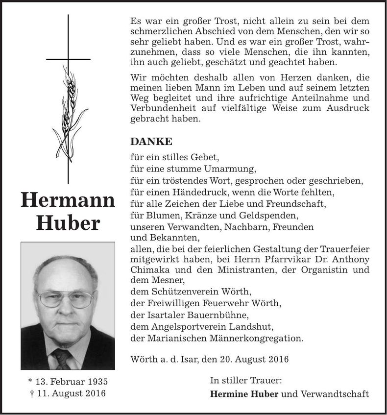 Traueranzeige Hermann Huber