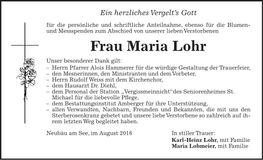 Traueranzeige Maria Lohr