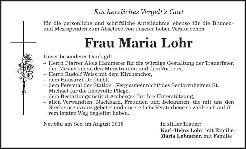 Traueranzeige Maria Lohr