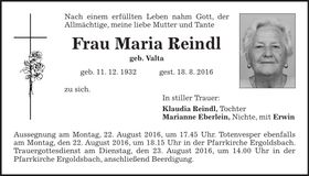 Traueranzeige Maria Reindl