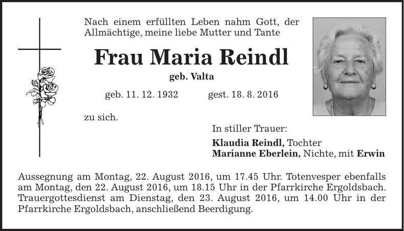Traueranzeige Maria Reindl