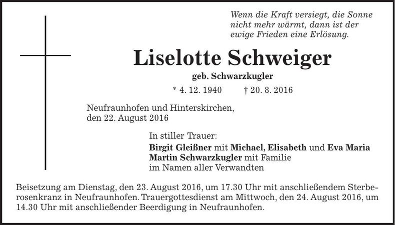 Traueranzeige Liselotte Schweiger