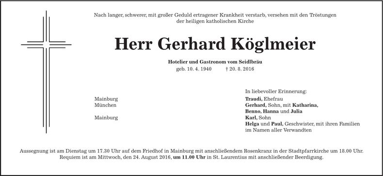 Traueranzeige Gerhard Köglmeier