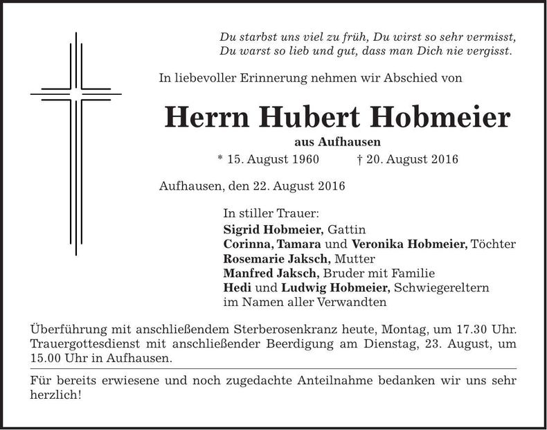 Traueranzeige Hubert Hobmeier