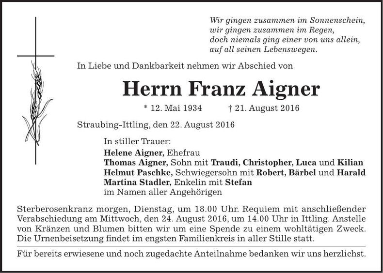 Traueranzeige Franz Aigner