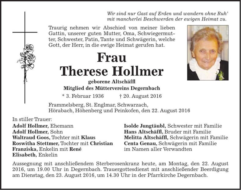 Traueranzeige Therese Hollmer