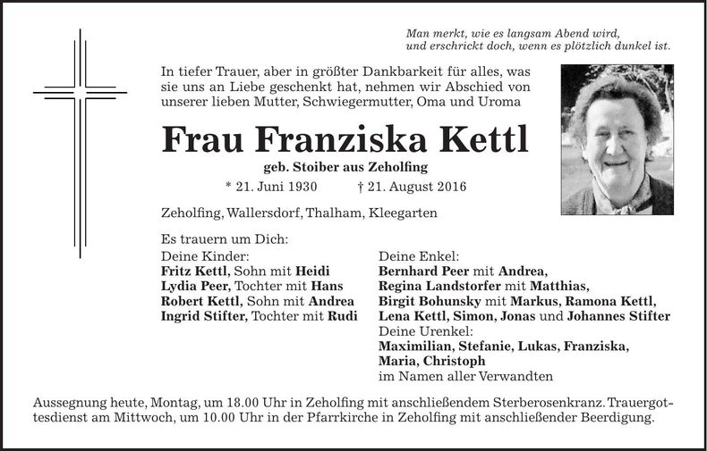 Traueranzeige Franziska Kettl