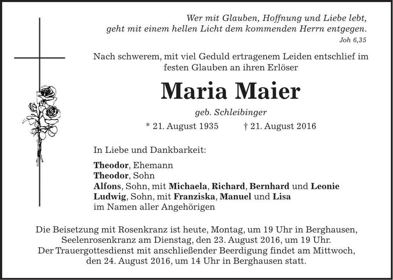 Traueranzeige Maria Maier