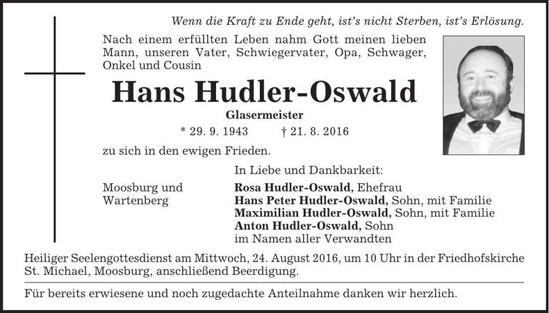 Traueranzeige Hans Hudler-Oswald