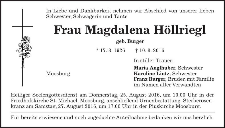 Traueranzeige Magdalena Höllriegl