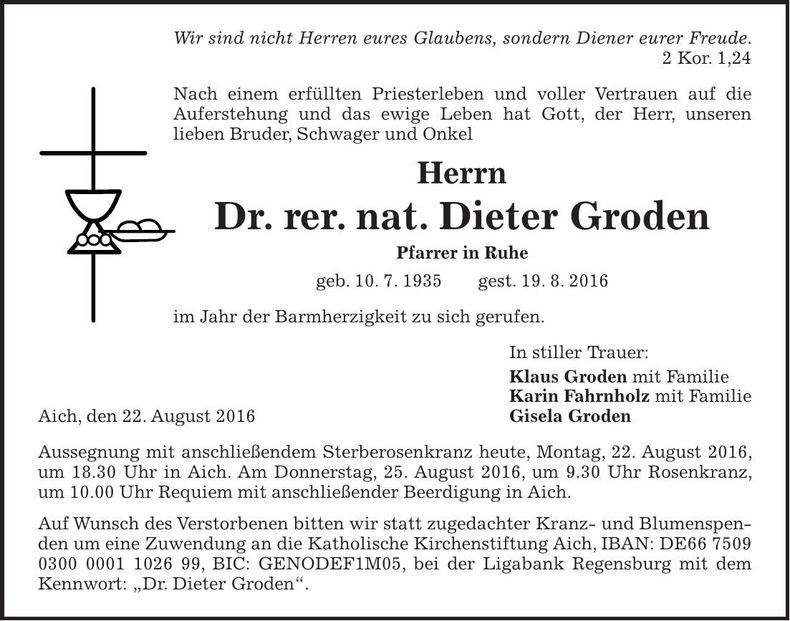 Traueranzeige Dieter Dr. rer. nat. Groden
