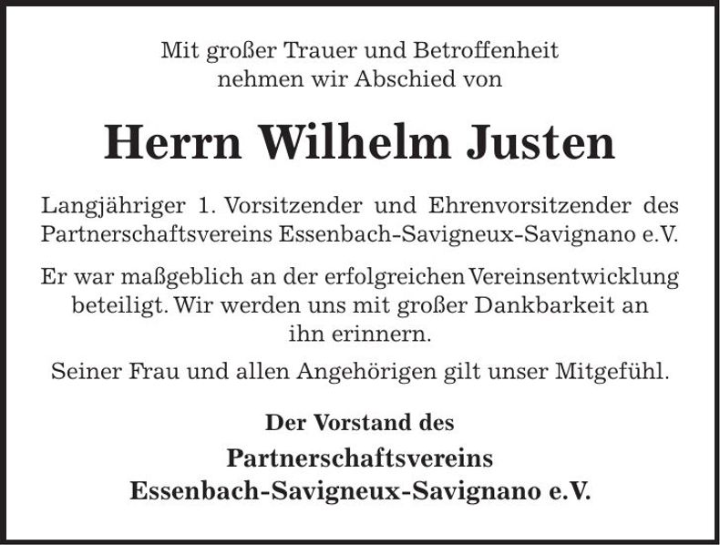 Traueranzeige Wilhelm Justen