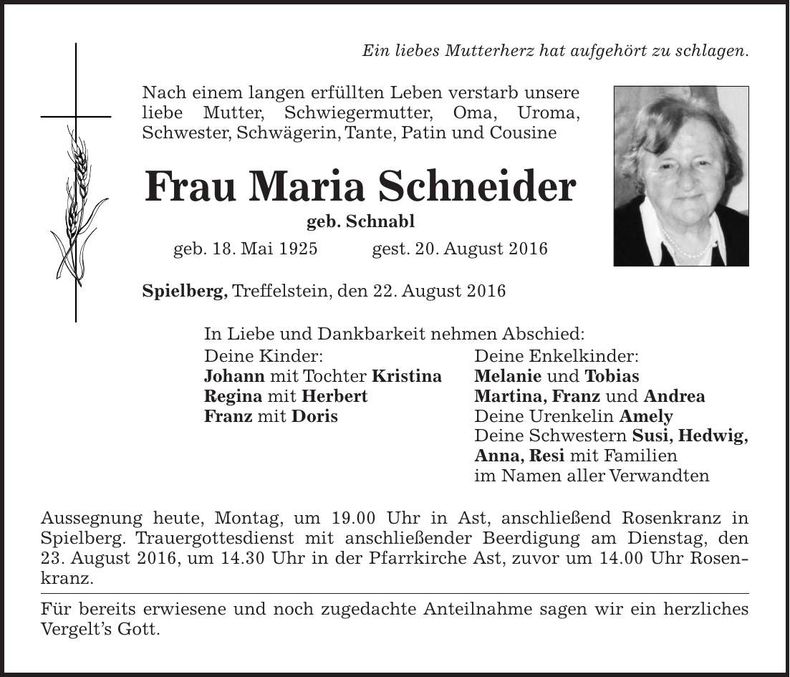 Traueranzeige Maria Schneider