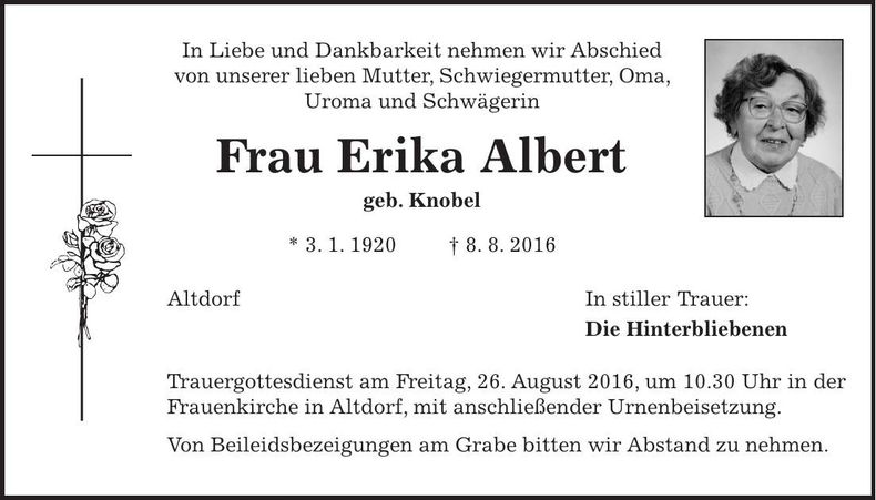 Traueranzeige Erika Albert
