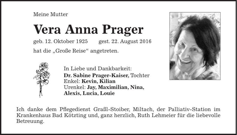 Traueranzeige Vera Anna Prager