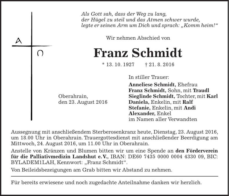 Traueranzeige Franz Schmidt