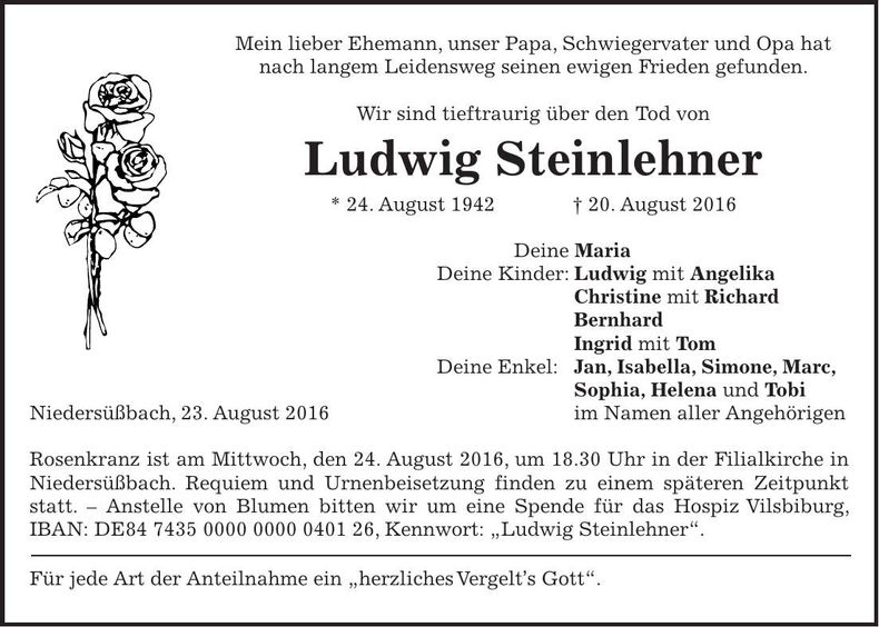 Traueranzeige Ludwig Steinlehner