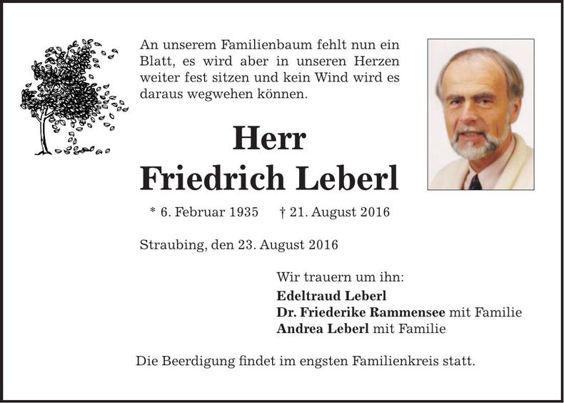 Traueranzeige Friedrich Leberl
