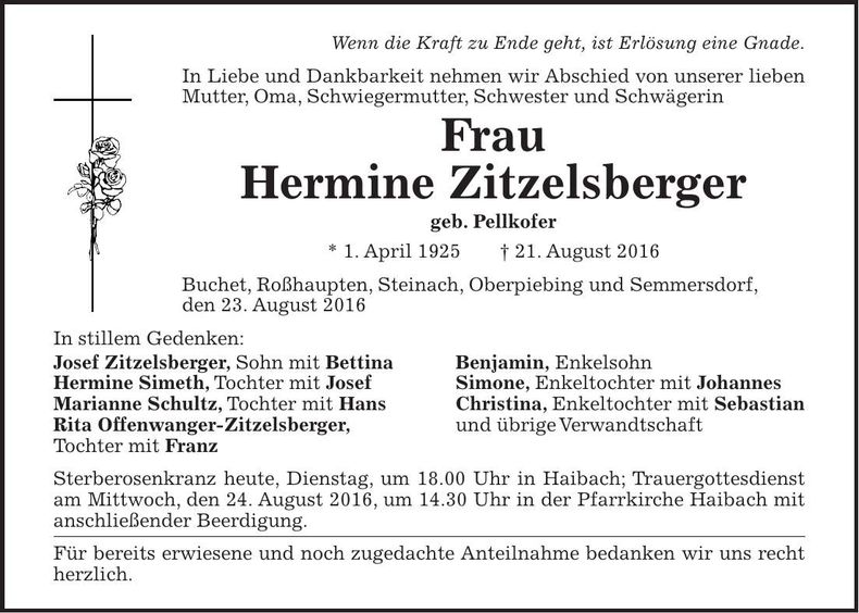 Traueranzeige Hermine Zitzelsberger