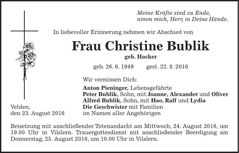 Traueranzeige Christine Bublik