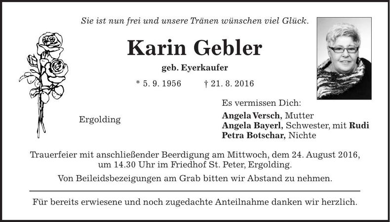 Traueranzeige Karin Gebler