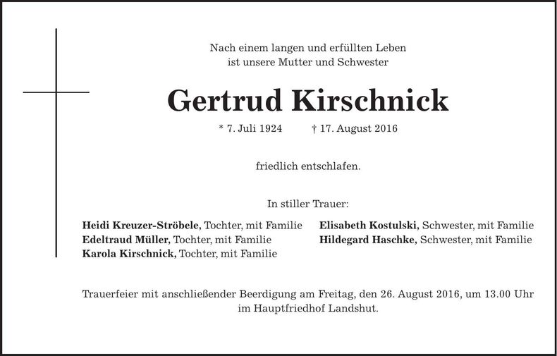 Traueranzeige Gertrud Kirschnick