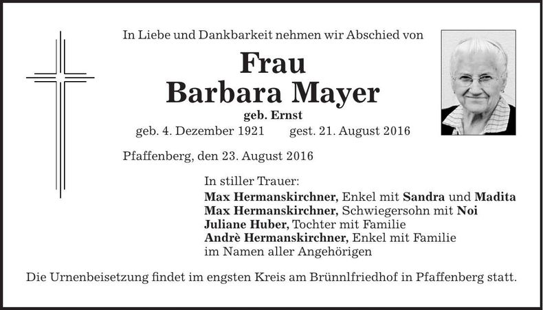 Traueranzeige Barbara Mayer
