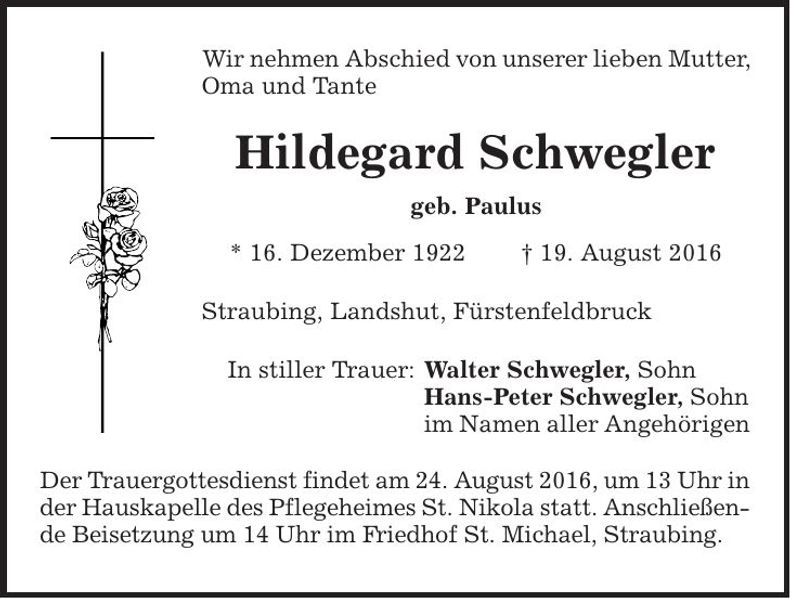 Traueranzeige Hildegard Schwegler